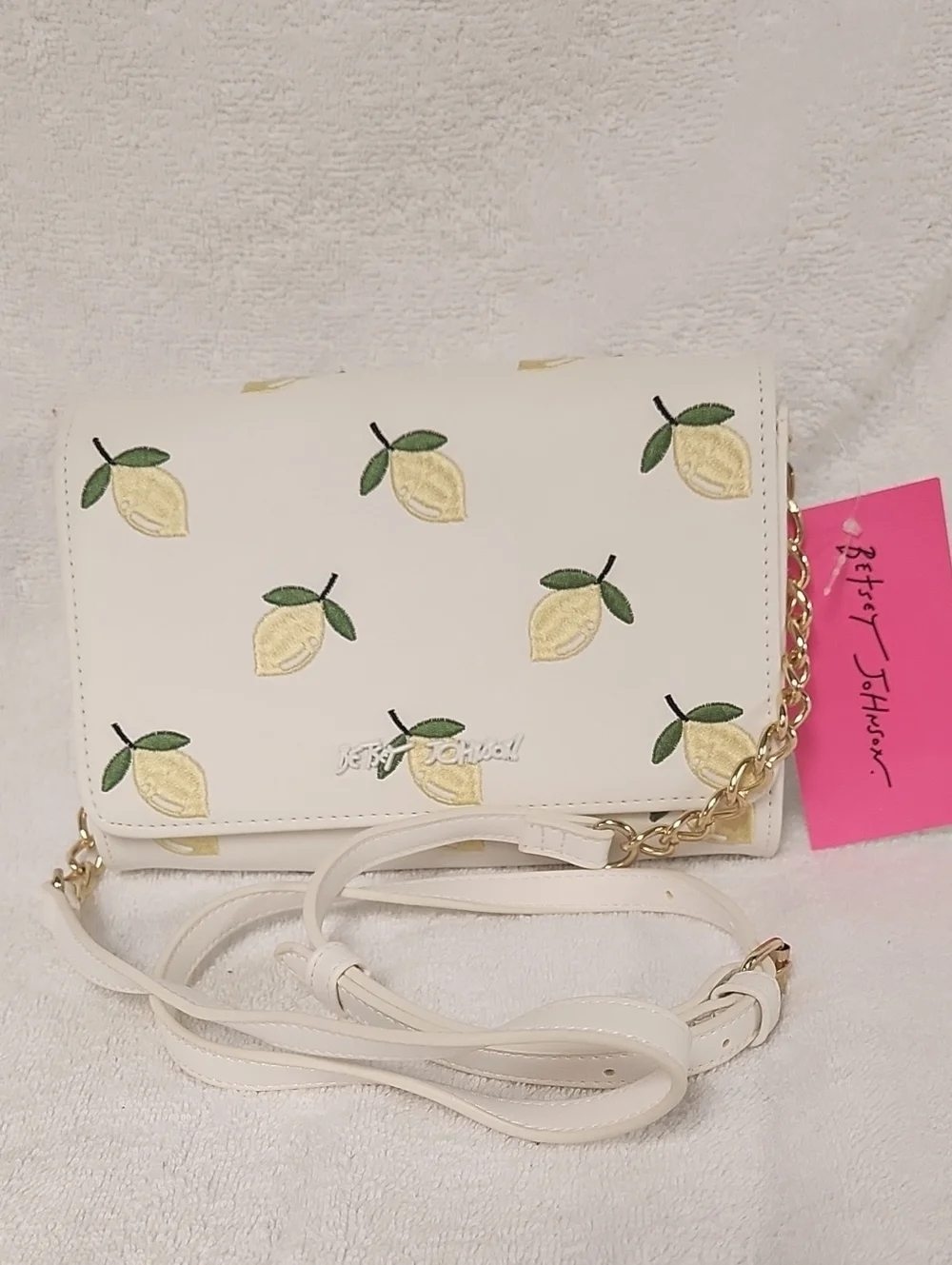 Betsey Johnson Cream Crossbody with Lemon Embroideries and Gold Chain